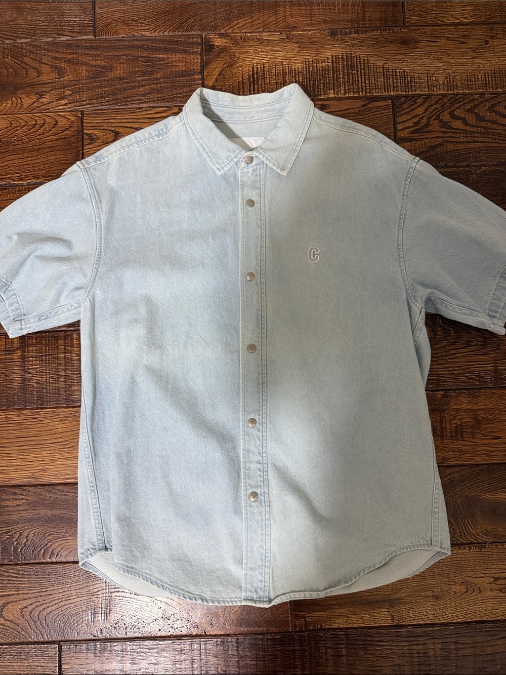 Light Blue Short-Sleeve Denim Button-Down Shirt - Brand: